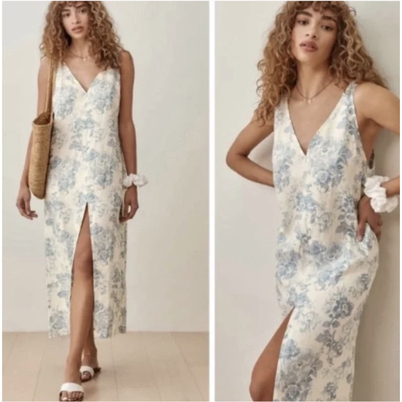 Reformation Dresses & Skirts - Reformation Monique Linen Dress in Teacup Blue Floral XL